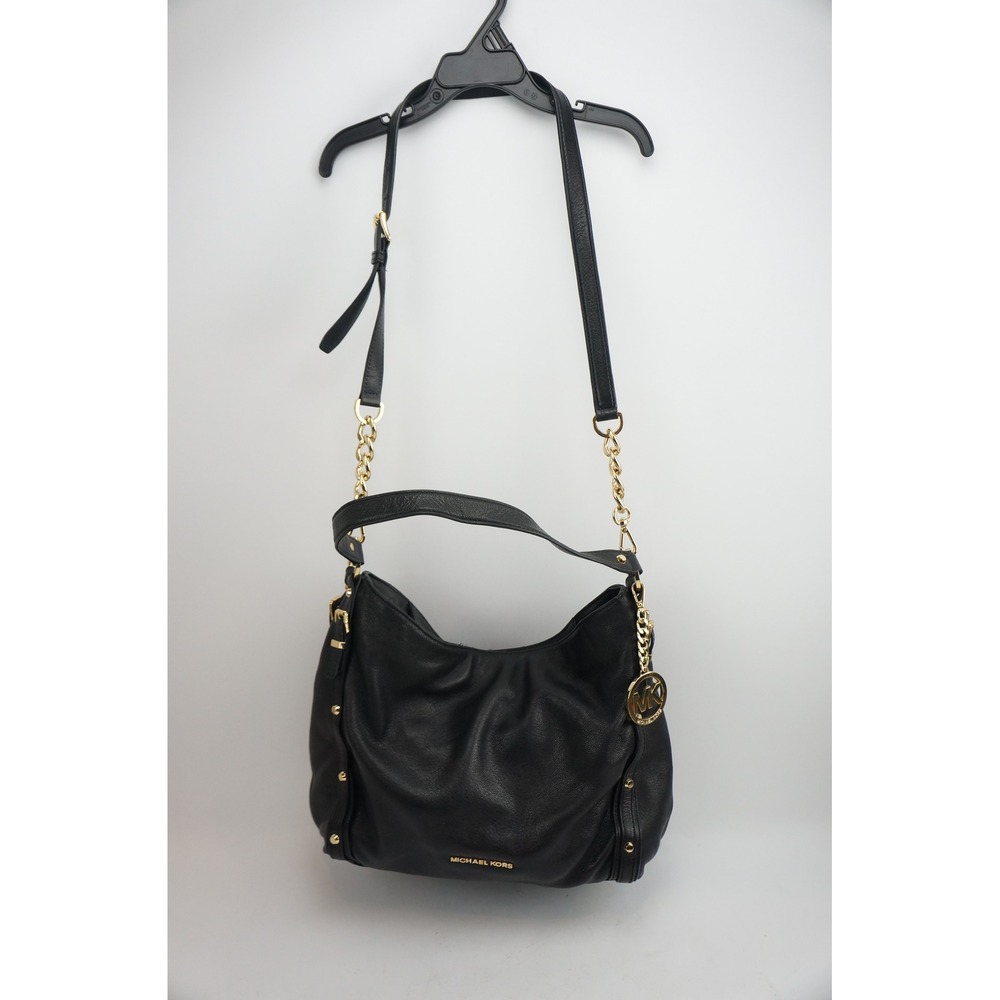 Michael Kors Uptown Shoulder Bag Black Pebbled Leather Gold Studded Hobo EUC